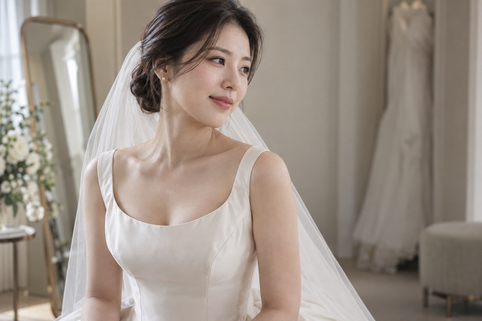 낮게 묶은 헤어와 얇은 베일, 작은 진주 귀걸이를 웨딩드레스 넥라인에 맞춰 본 모습