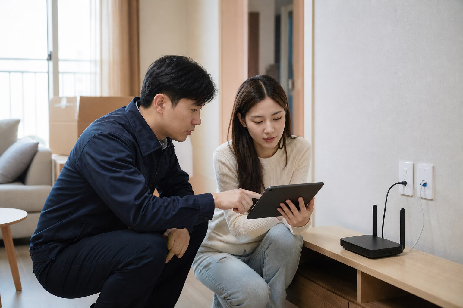 설치 기사와 신혼부부가 신혼집에서 공유기와 벽면 단자 위치를 확인하는 모습