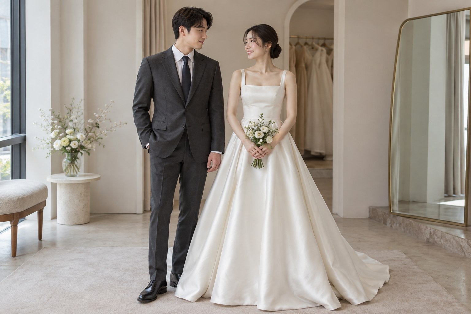 같은 빛 아래 나란히 서서 드레스와 수트의 전체 조합을 확인하는 예비부부