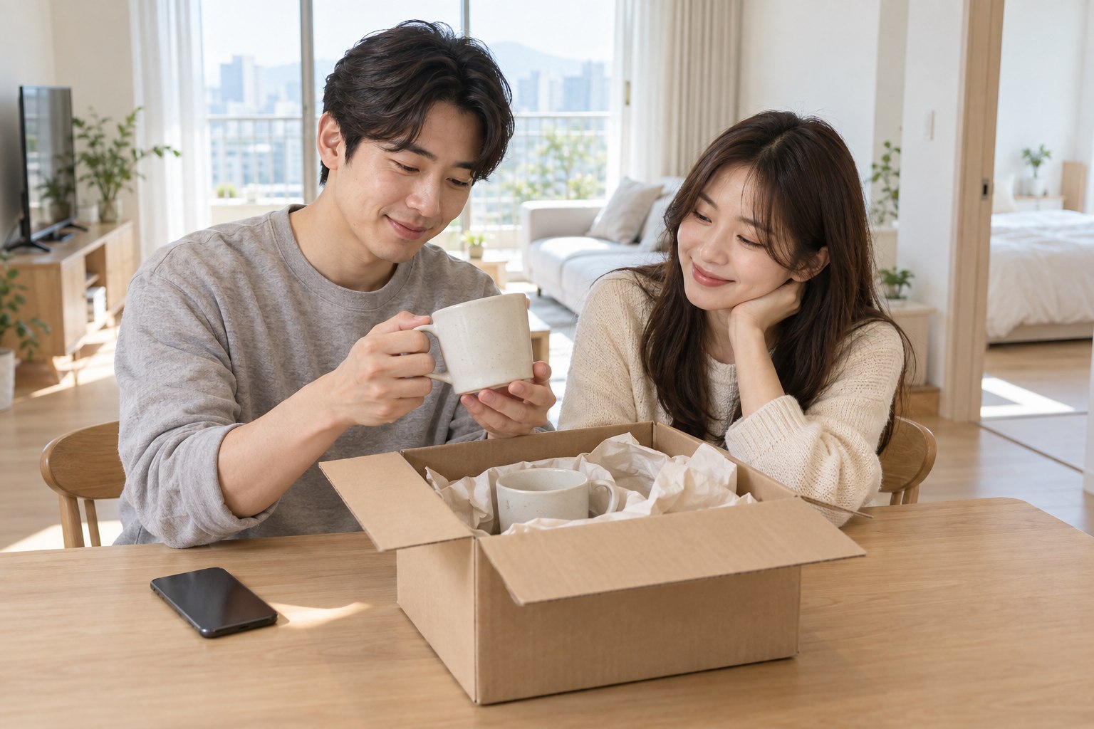 신혼집 식탁에서 택배로 받은 머그잔의 구성과 상태를 함께 확인하는 부부