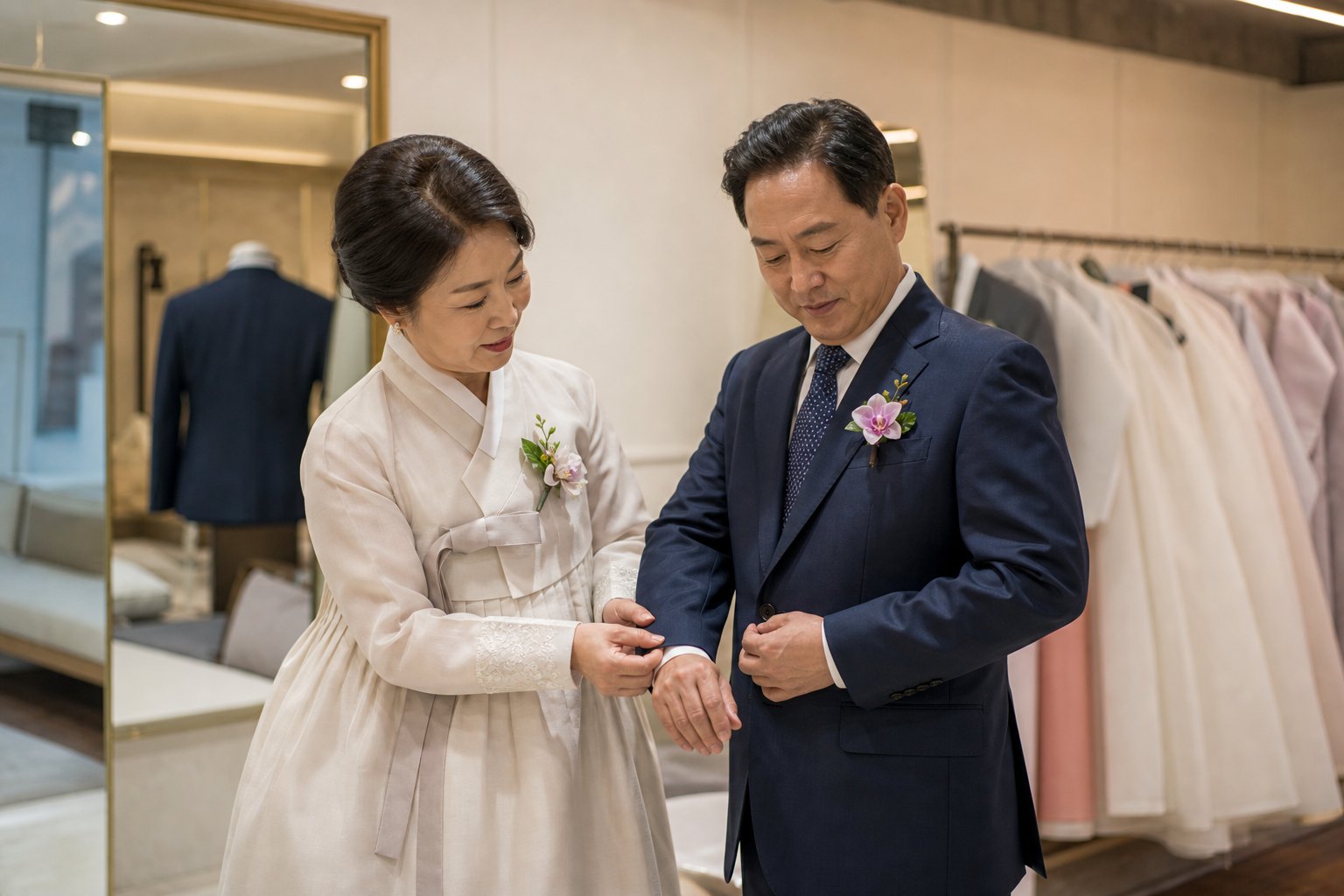 혼주가 한복과 정장의 착용감을 확인하는 모습