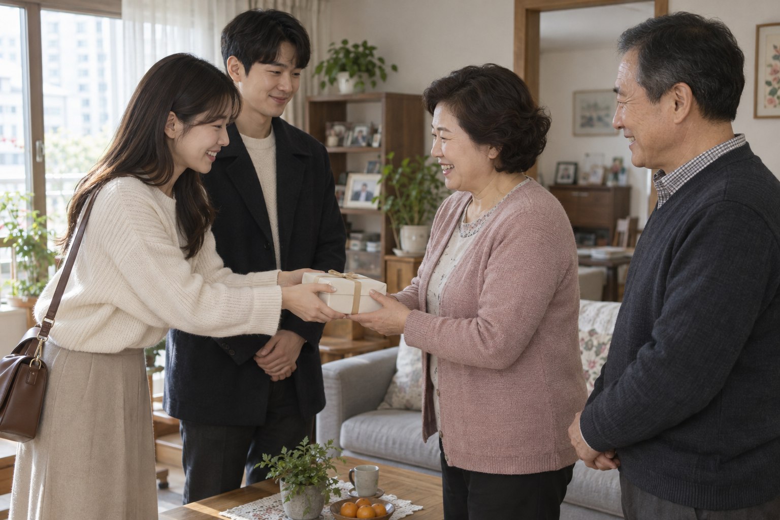 부모님 댁에서 포장한 선물을 전달하며 인사하는 예비부부