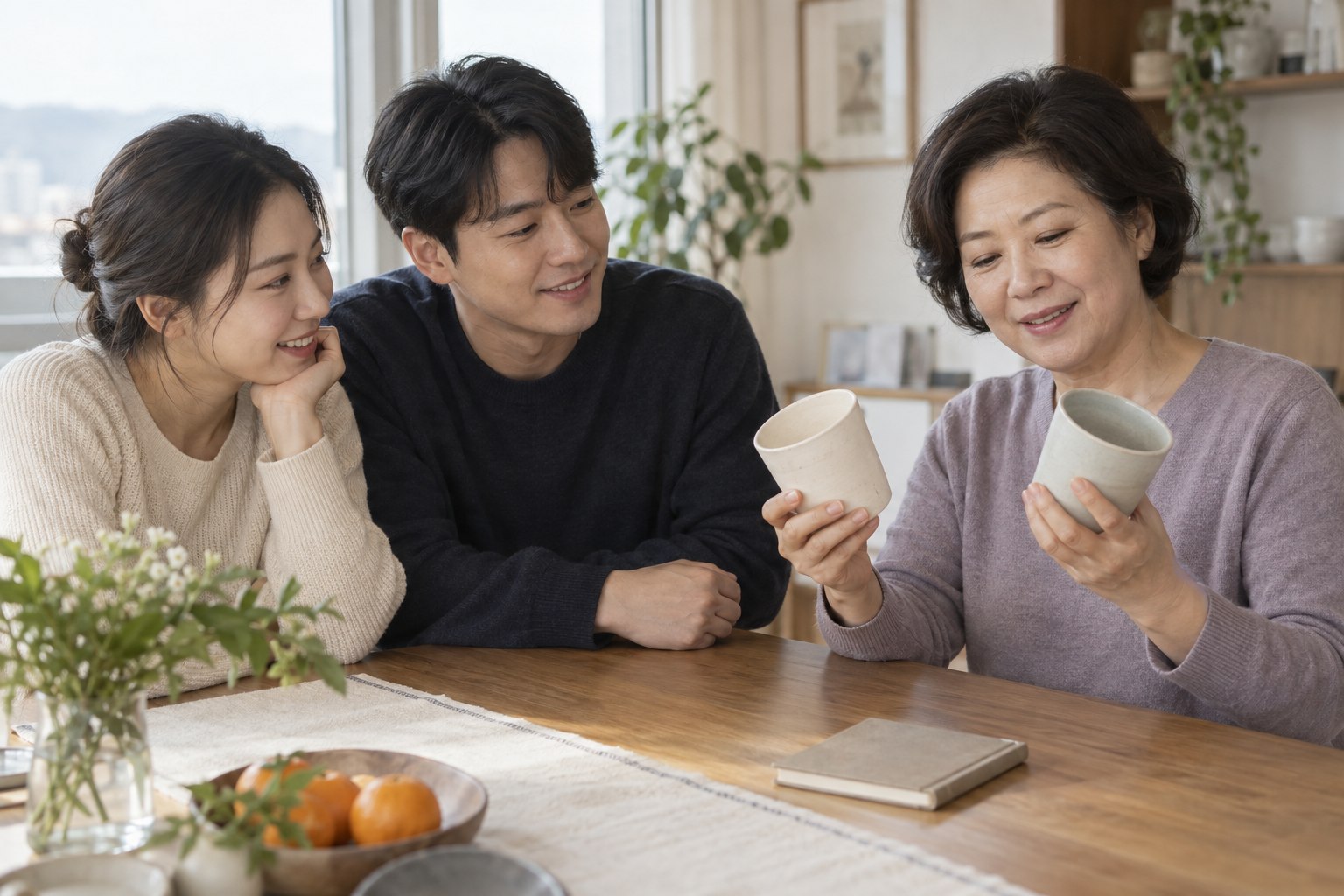 부모님과 찻잔을 살펴보며 선물 취향을 이야기하는 예비부부