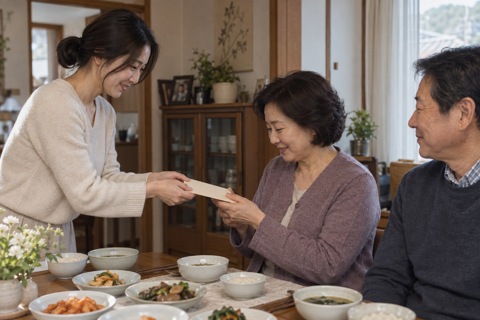 가족 식사 자리에서 부모님께 감사 편지가 담긴 봉투를 조용히 건네는 모습