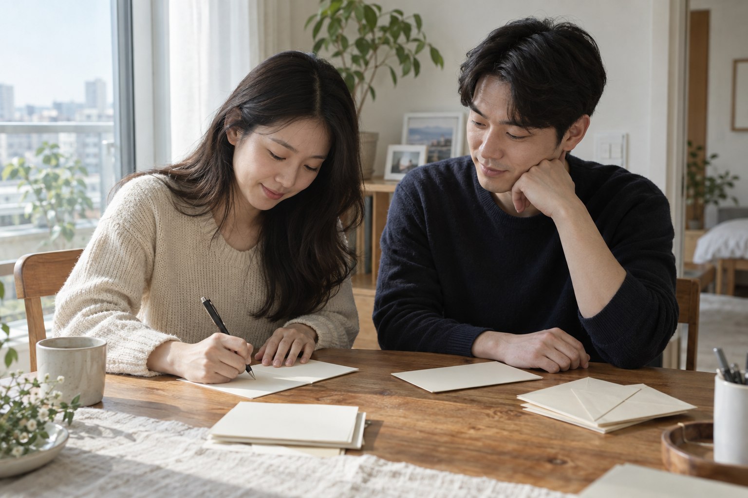 식탁에서 편지지와 봉투를 놓고 부모님께 전할 감사 편지를 준비하는 예비부부