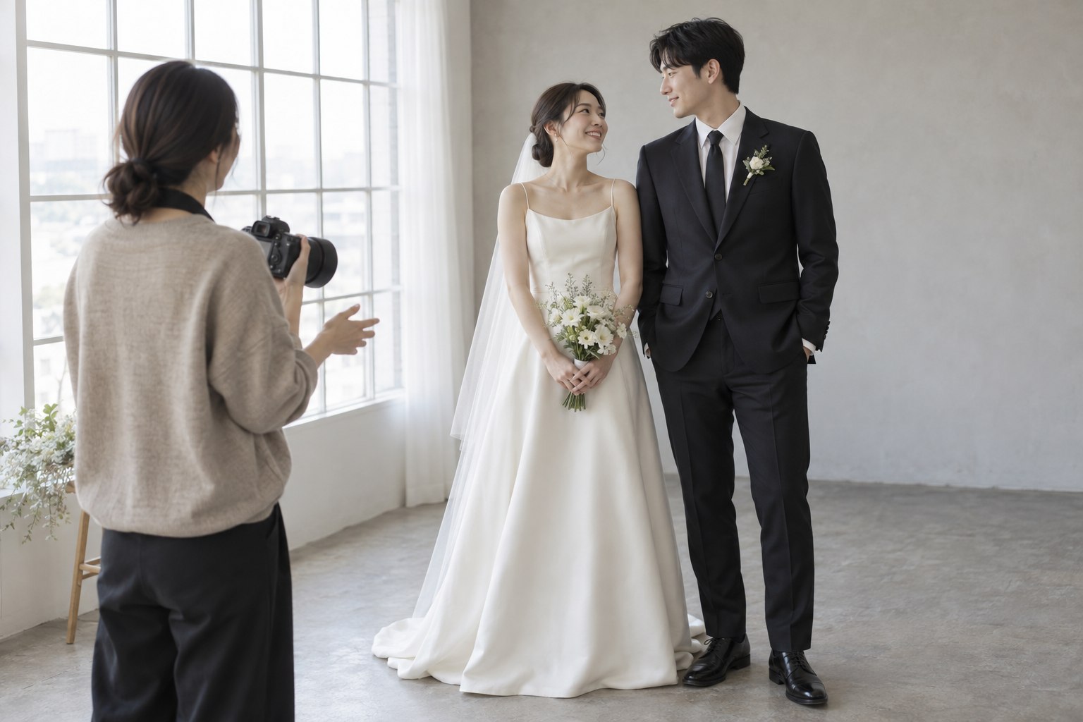 실내 스튜디오에서 편한 자세를 확인하며 촬영자와 상의하는 신랑신부
