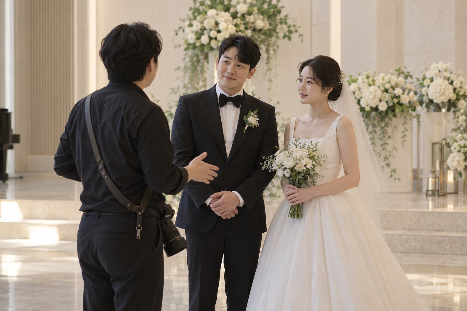 예식장에서 가족사진 진행을 의논하는 신랑신부와 사진작가