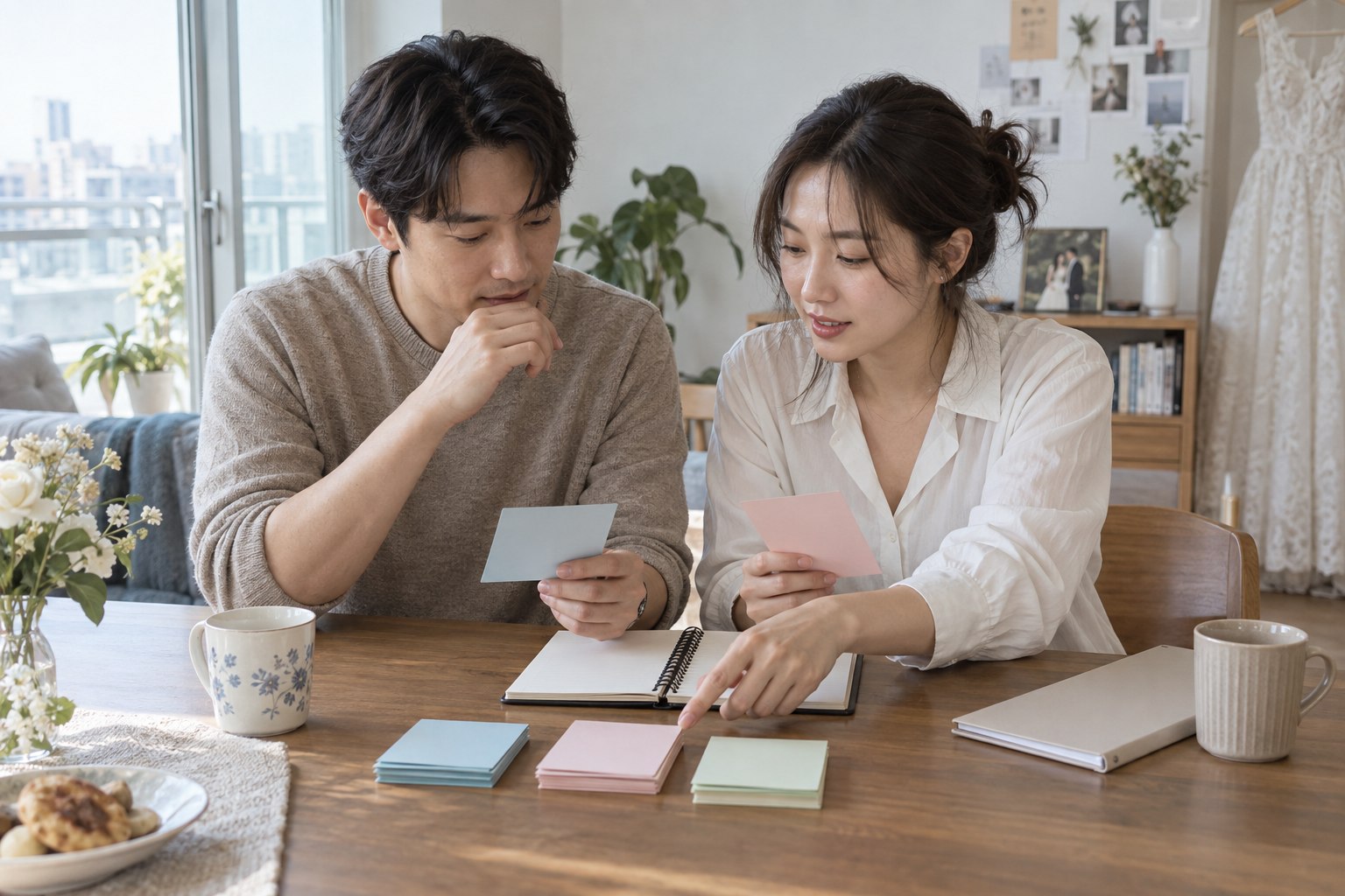예비부부가 결혼 준비 카드를 나누며 직접 할 일과 도움받을 일을 정하는 모습