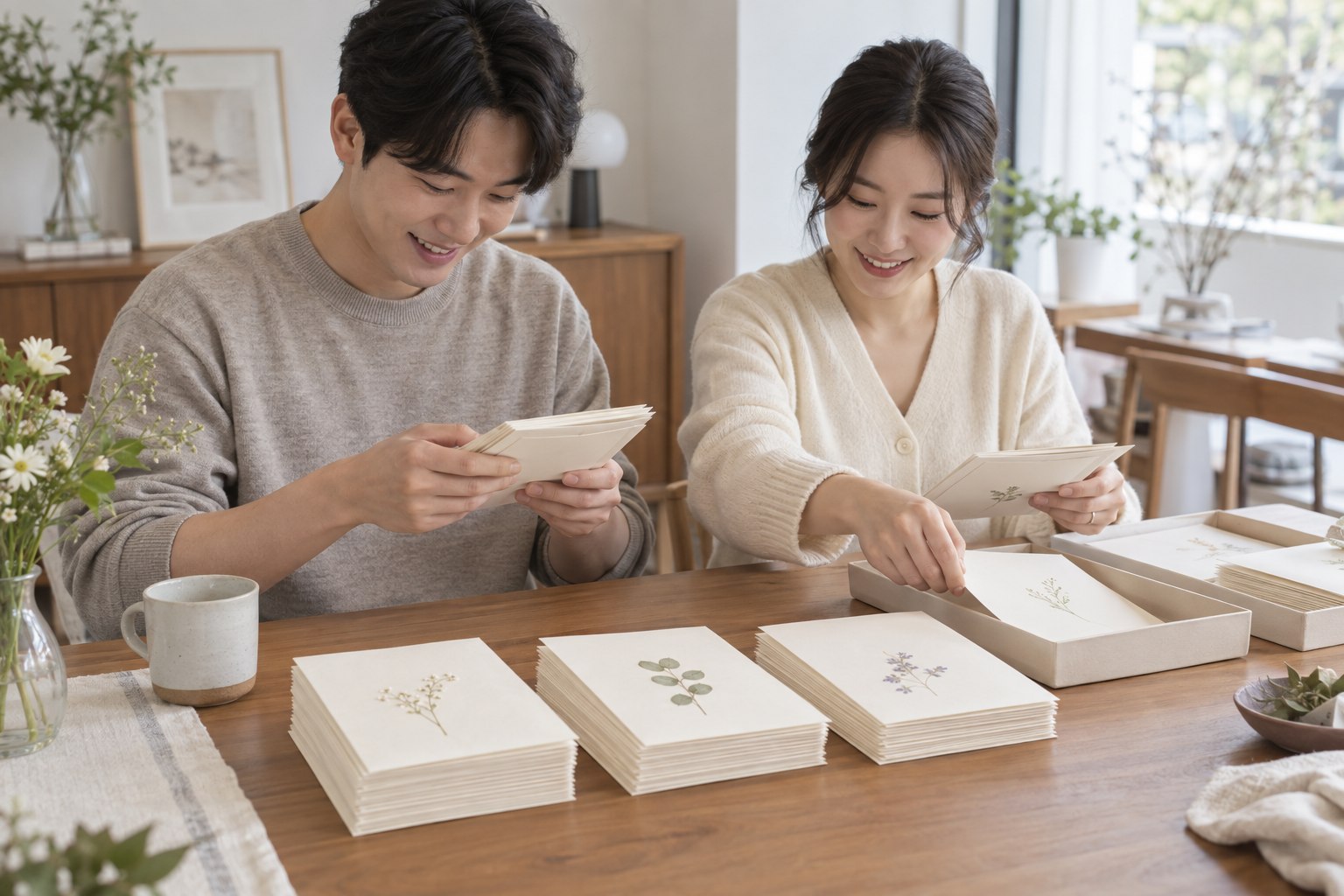 종이 청첩장 봉투를 전달할 대상에 맞춰 나누는 예비부부