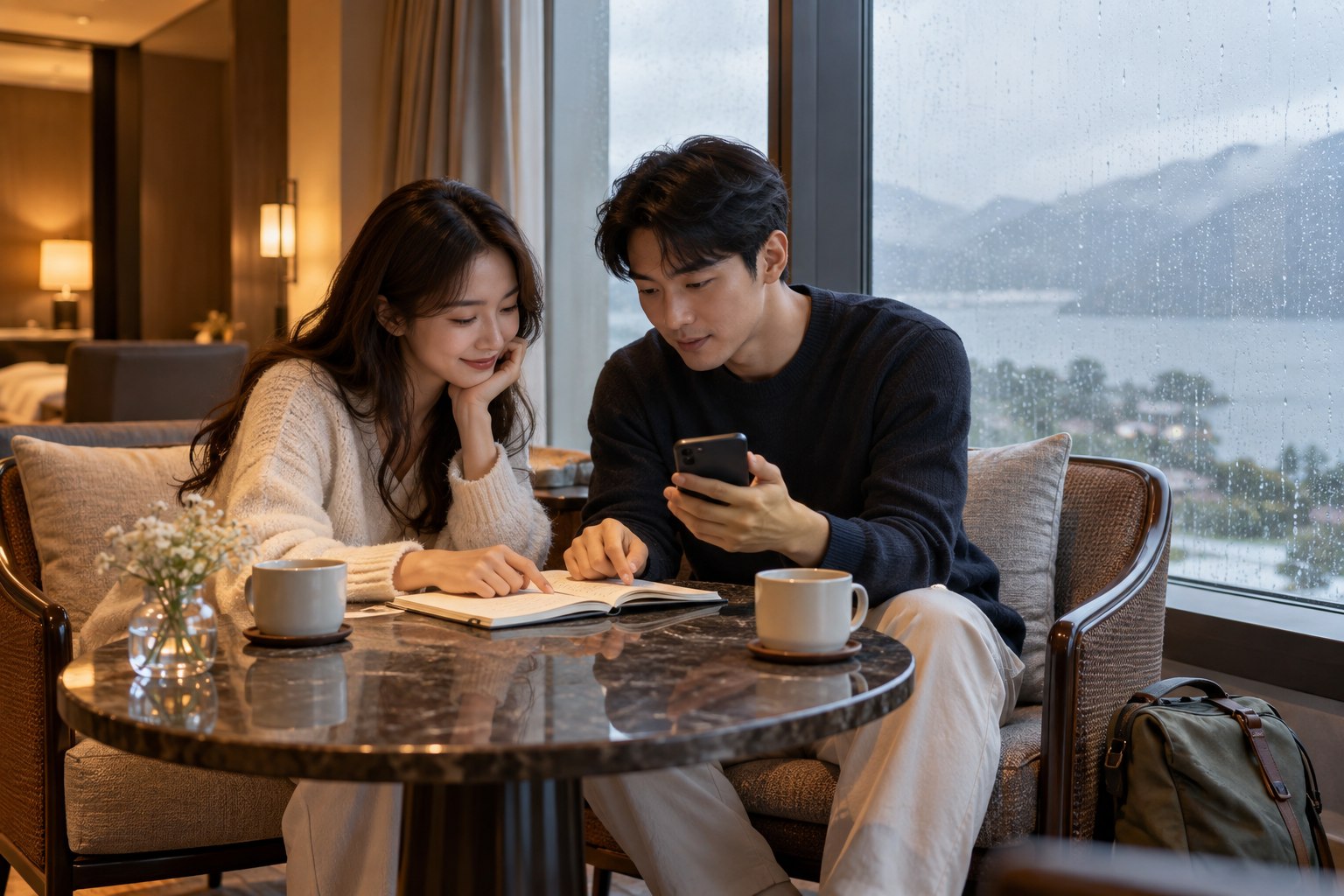 비 내리는 창가의 숙소 라운지에서 두 사람이 여행 일정을 확인하는 모습