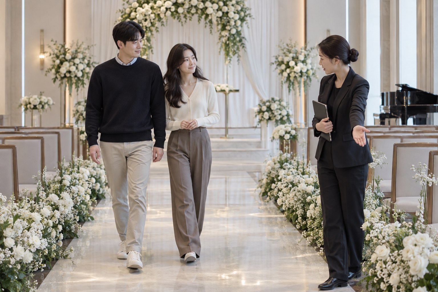 빈 예식장에서 담당자 안내에 따라 입장 동선을 걸어보는 예비부부