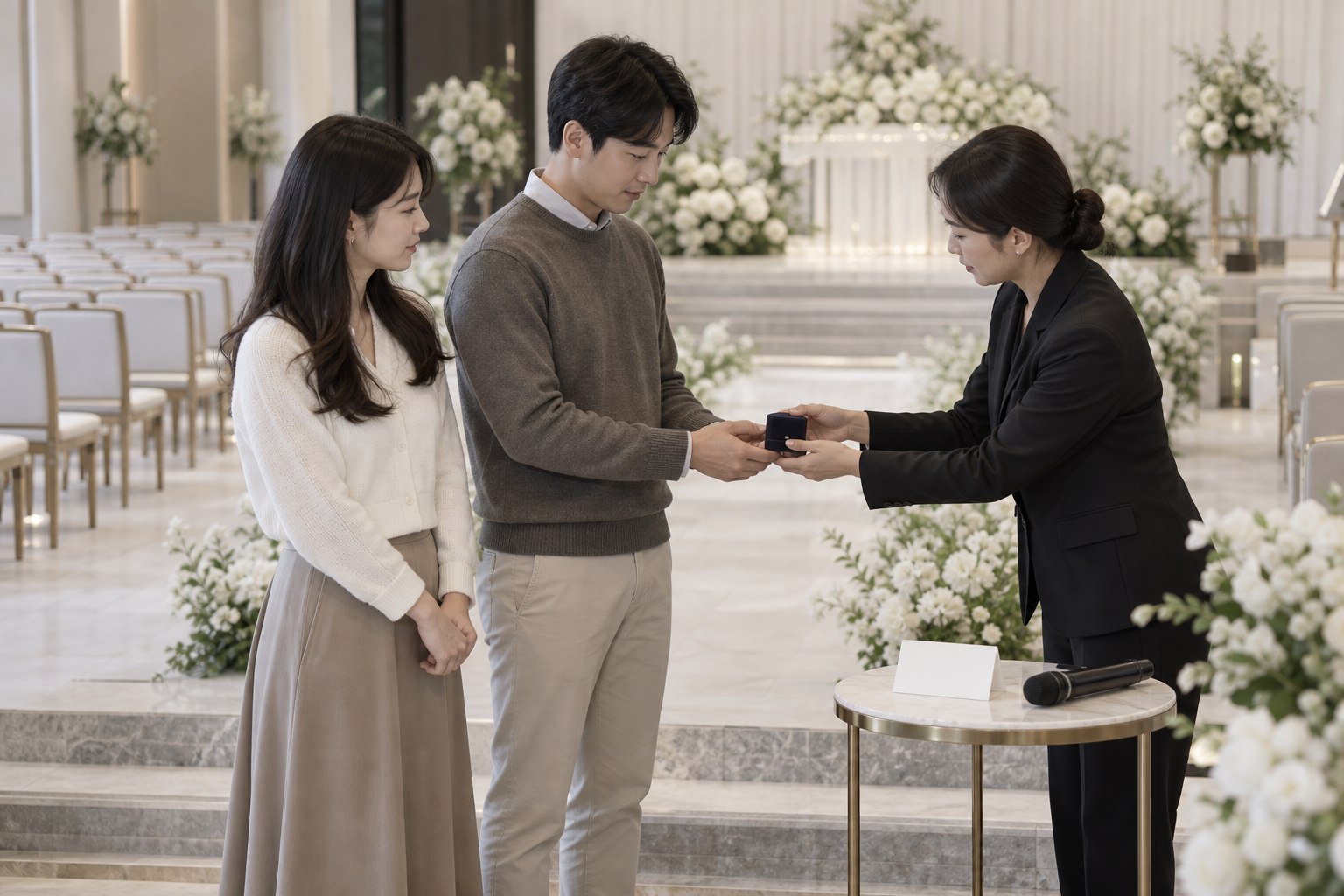 리허설에서 반지 상자를 받는 위치를 예비부부에게 설명하는 진행 담당자