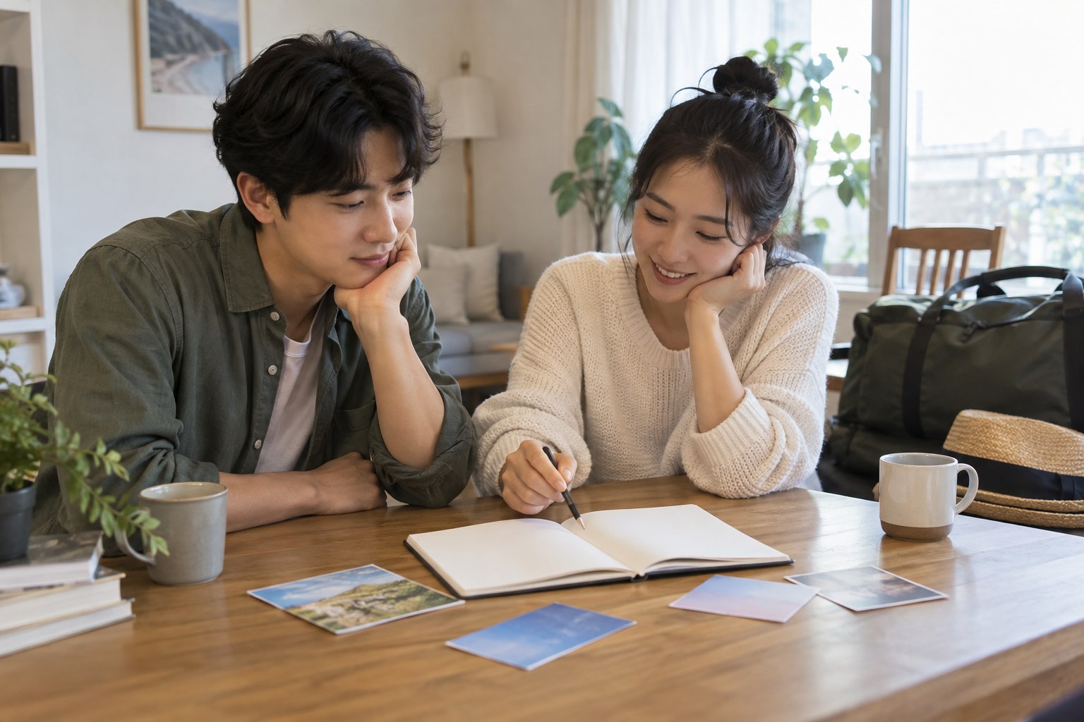 신혼부부가 집에서 노트와 메모 카드를 펼쳐 여행 일정을 함께 의논하는 모습