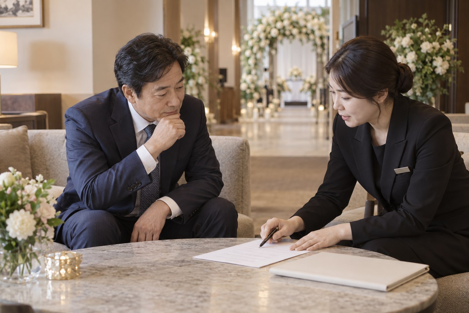 가족 대표가 웨딩홀 담당자와 정산 자료의 항목을 확인하는 모습