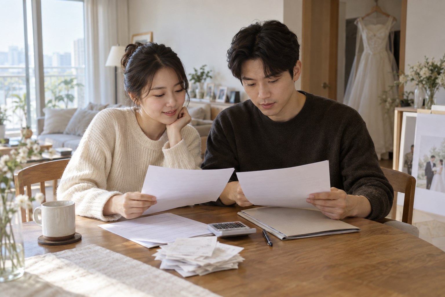 예비부부가 결혼식 계약 자료와 결제 기록을 함께 대조하는 모습