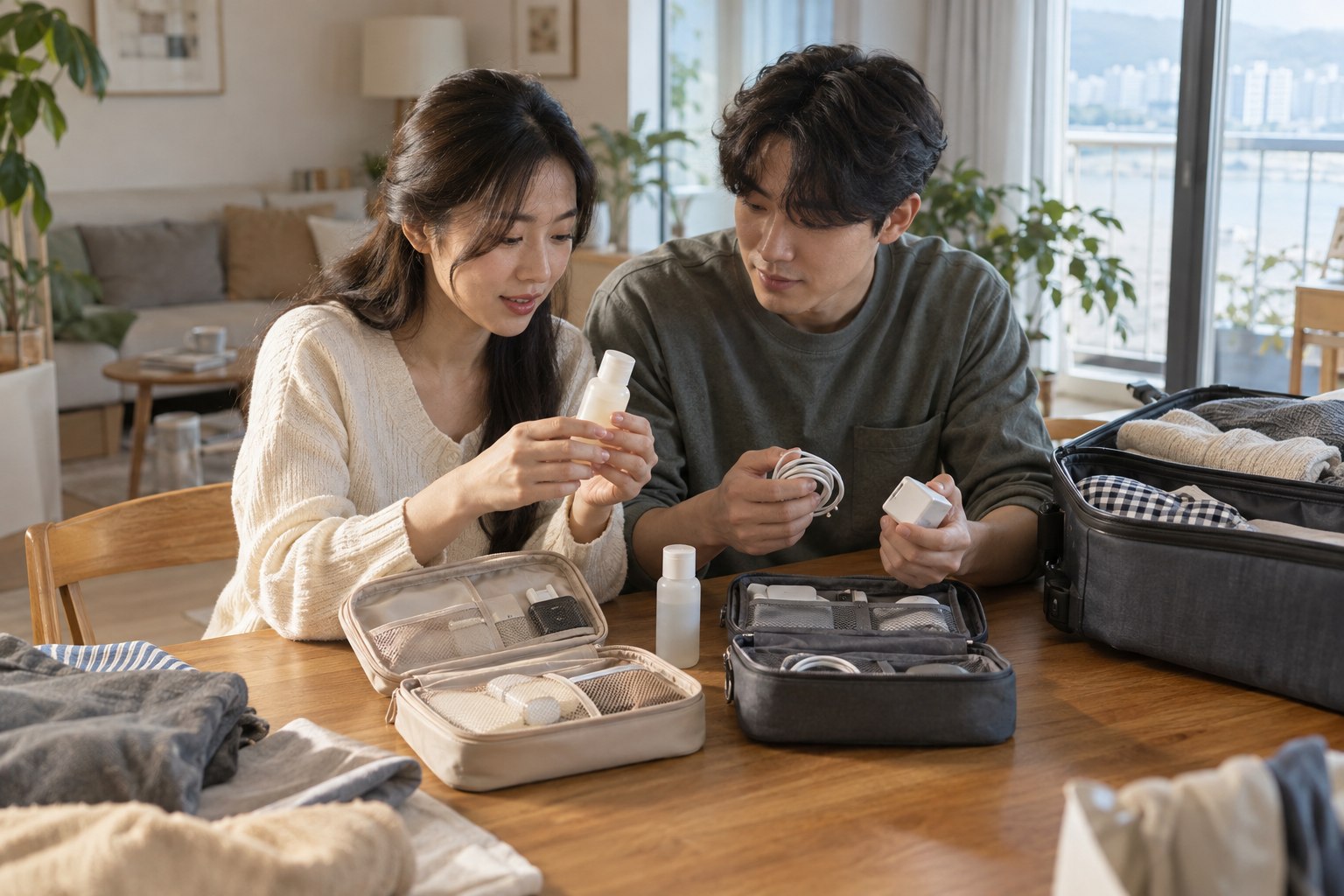 집에서 충전용품과 세면용품을 함께 펼쳐 공용 준비물을 확인하는 예비부부