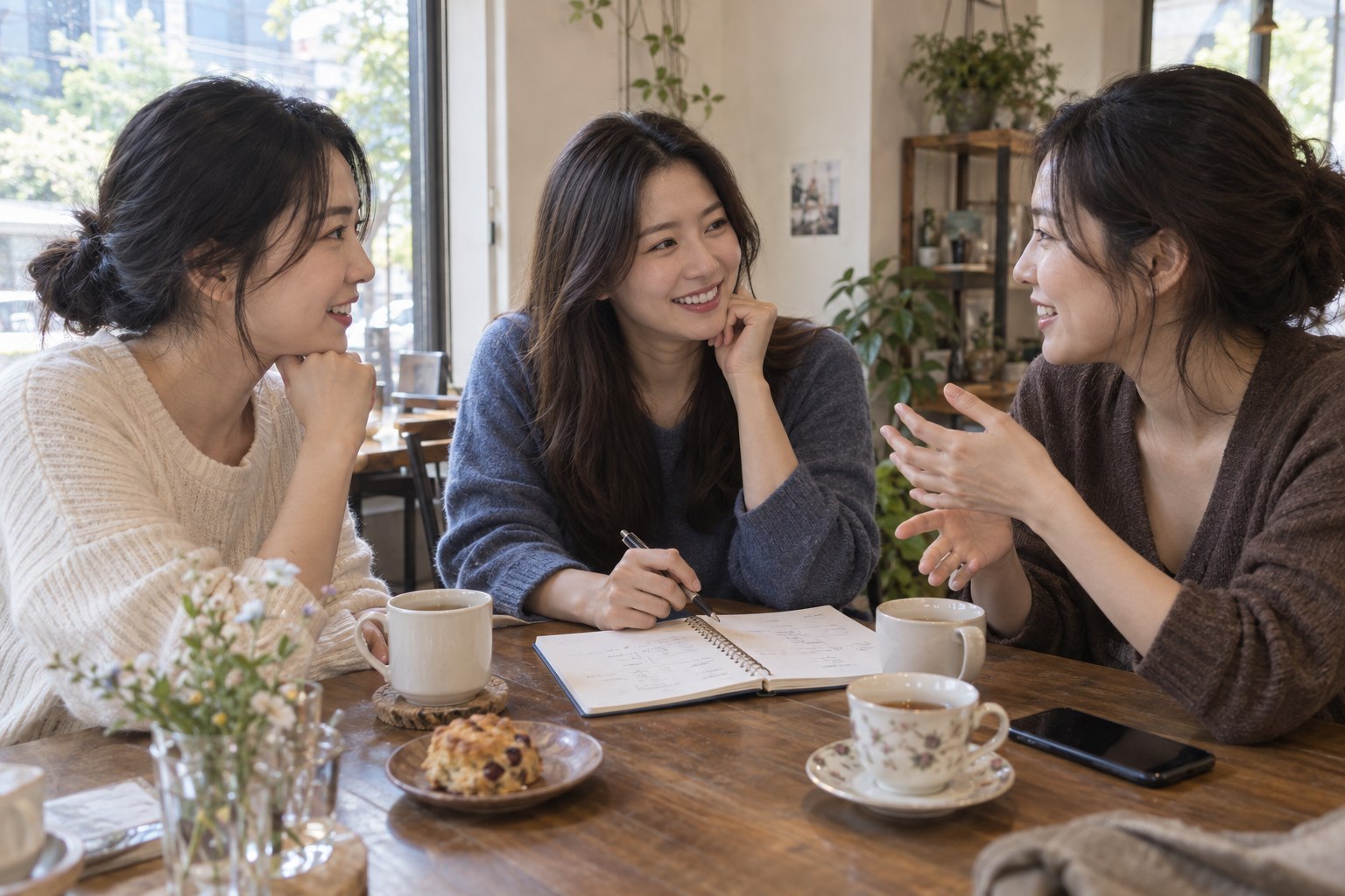 작은 카페 테이블에서 브라이덜 샤워 일정과 준비 방향을 의논하는 친구들
