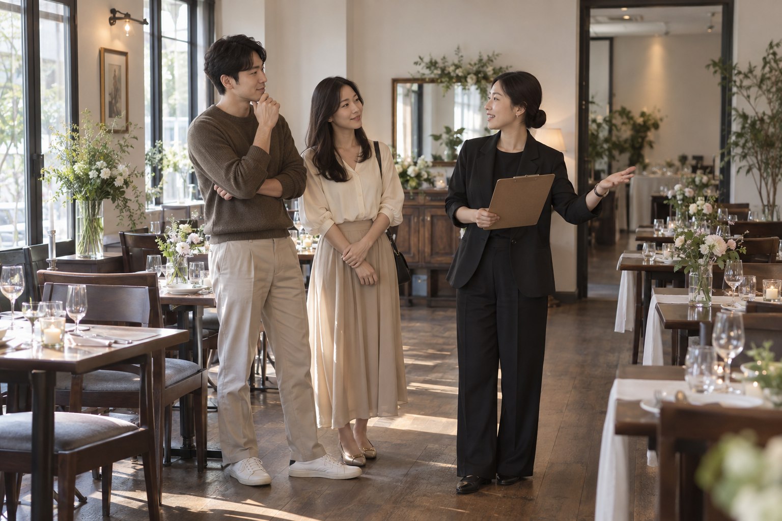 소규모 예식 공간에서 담당자와 좌석 및 이동 동선을 확인하는 예비부부
