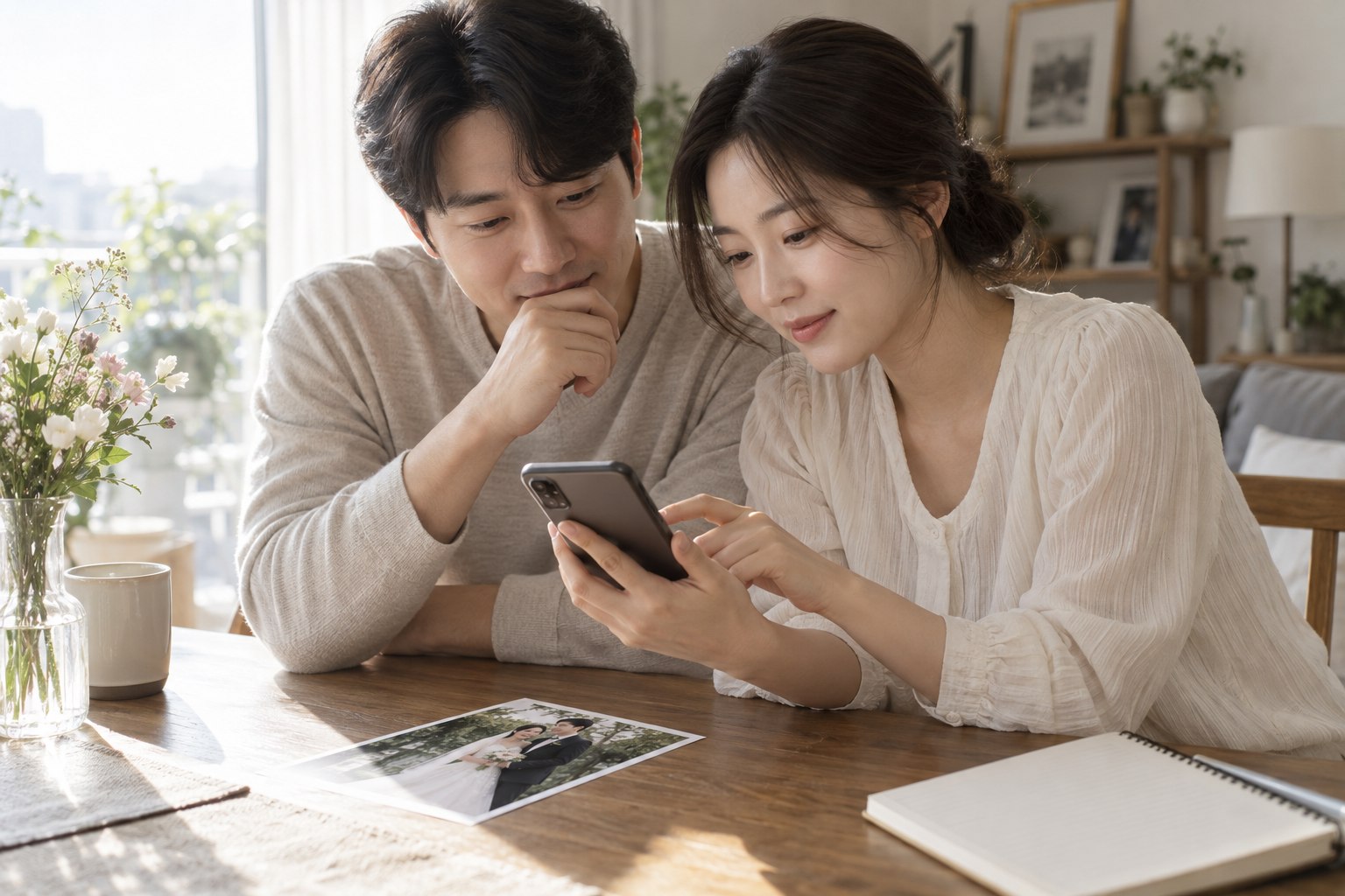 SNS에 공개할 결혼 사진을 함께 살펴보는 두 사람