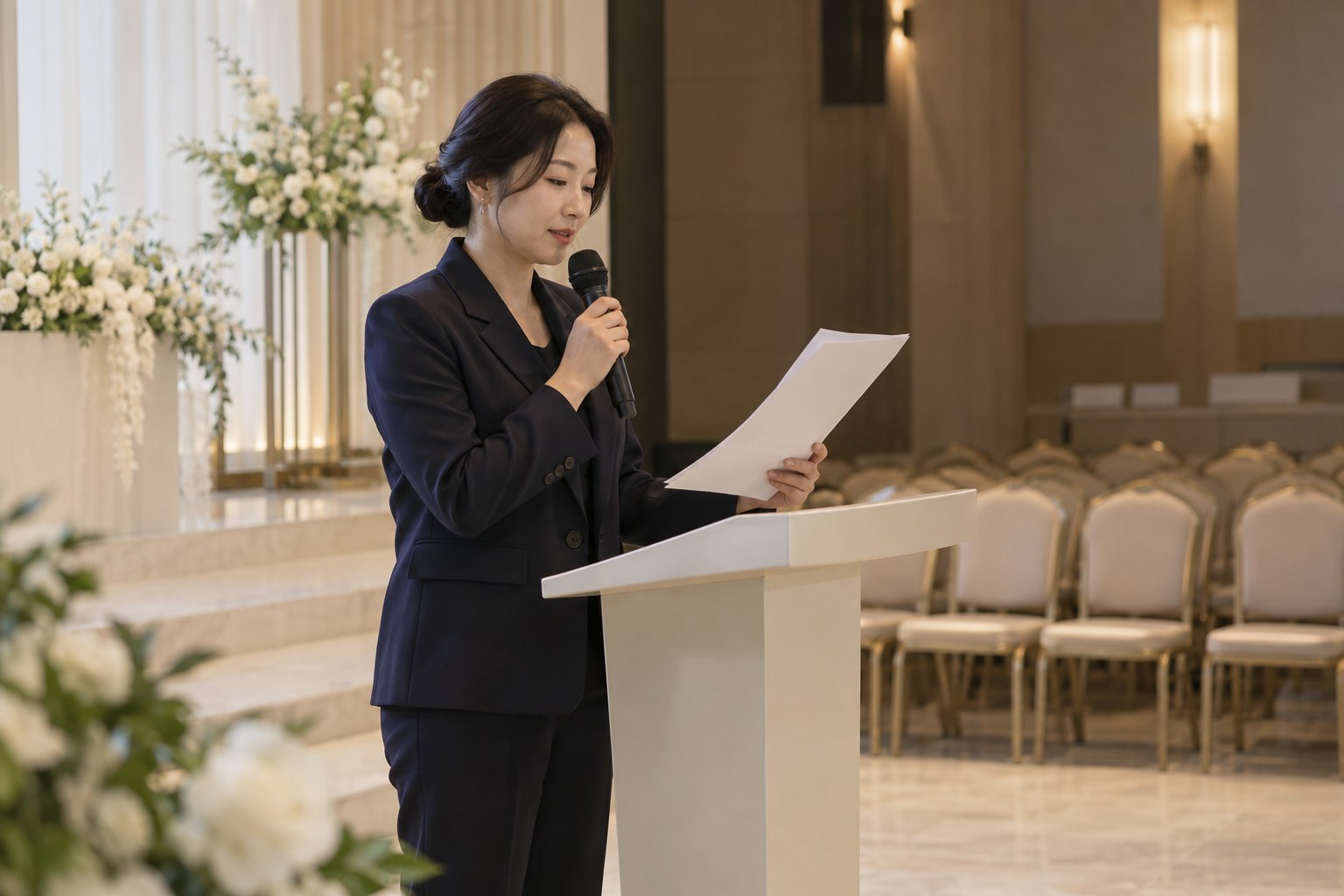 빈 예식장에서 마이크와 낭독본을 들고 축사를 연습하는 모습