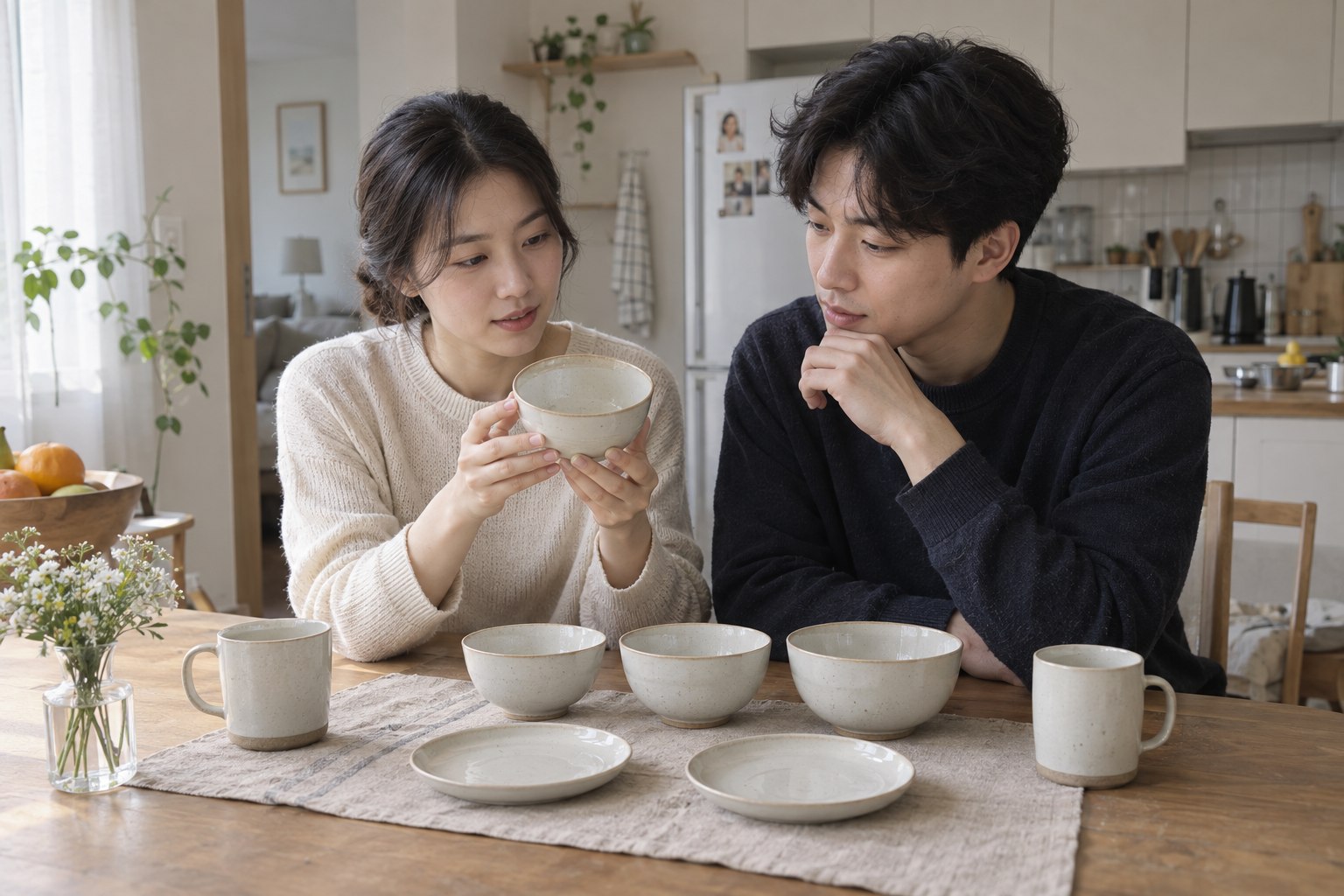식탁 위 기본 그릇과 컵의 크기를 비교하는 신혼부부
