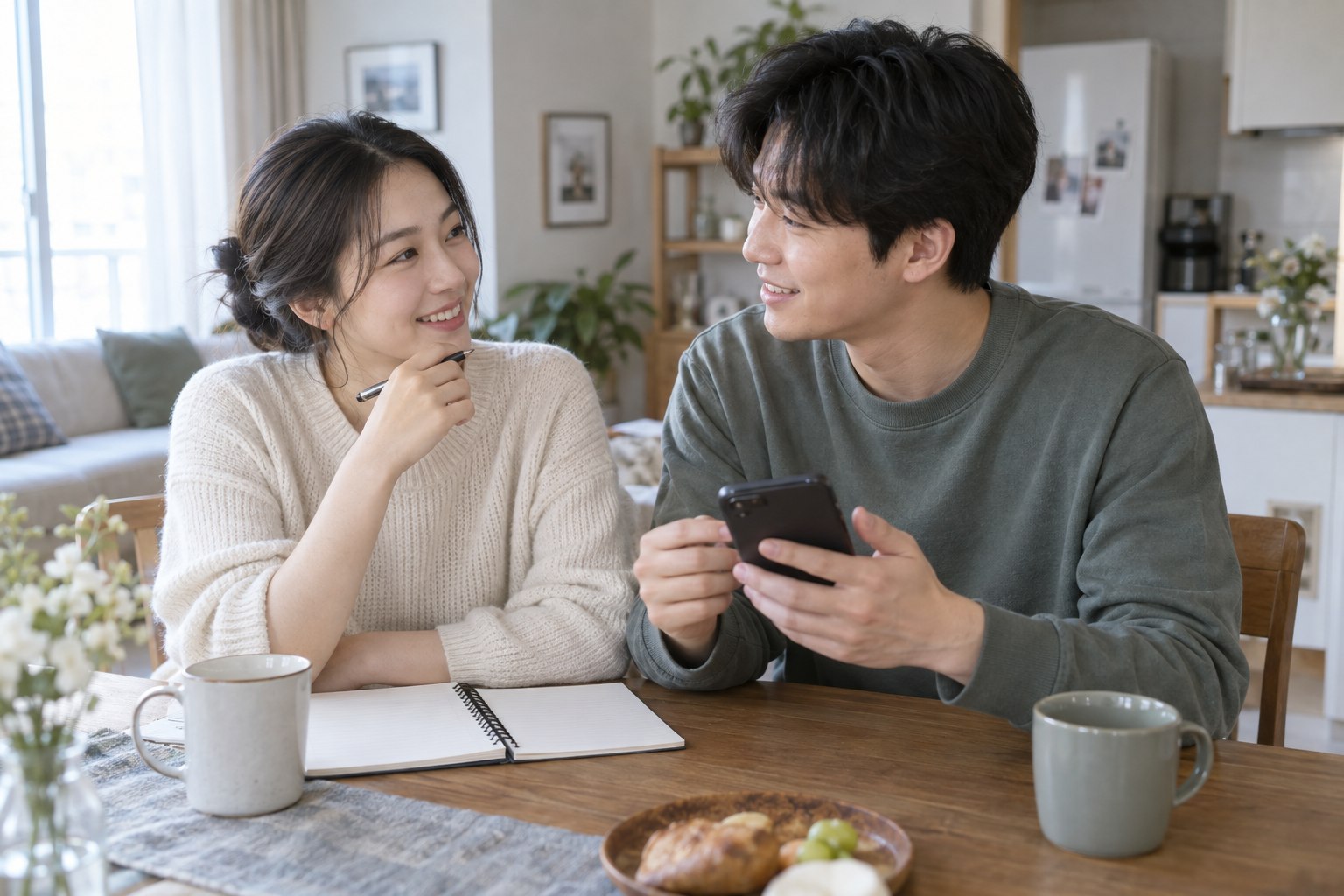 신혼부부가 집에서 휴대폰과 노트를 보며 감사 연락을 준비하는 모습