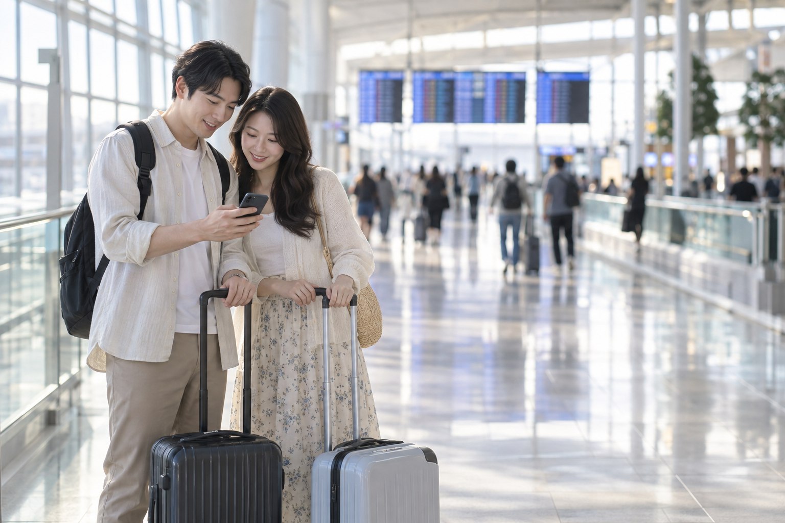 공항 통로 옆에서 두 사람이 기내용 가방과 함께 다음 항공편 정보를 확인하는 모습