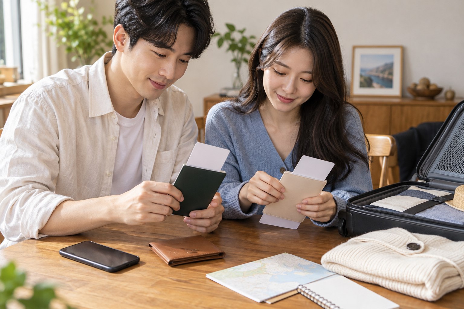 출발 전 여행 서류와 휴대폰을 기내용 가방 옆에 정리하는 모습
