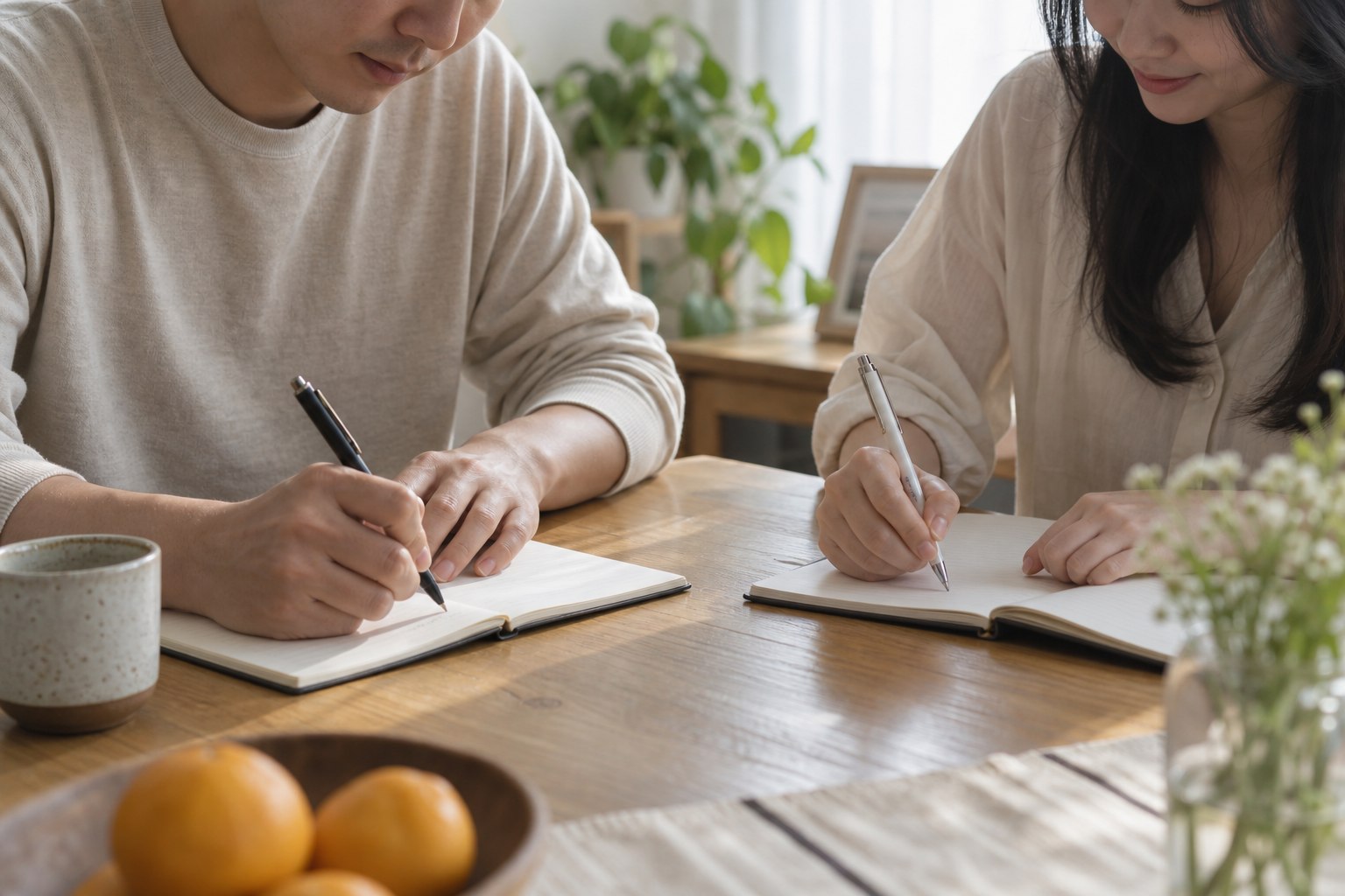 두 사람이 식탁에 나란히 앉아 각자의 혼인서약서 초안을 적는 모습