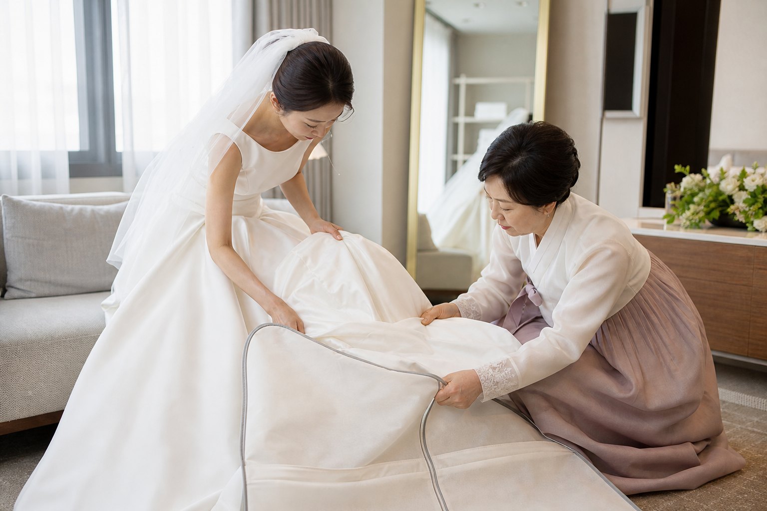 본식 뒤 웨딩드레스를 의류 커버에 넣으며 반납 준비를 하는 모습