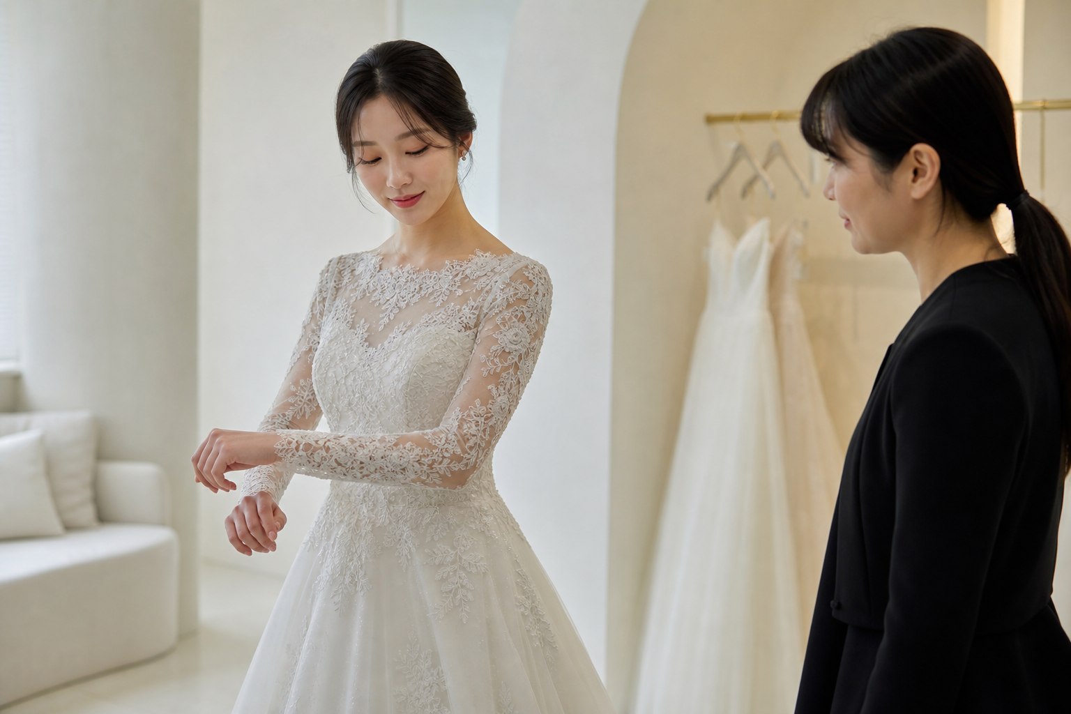 레이스 긴소매 드레스를 입고 팔꿈치를 굽혀 움직임을 확인하는 예비신부