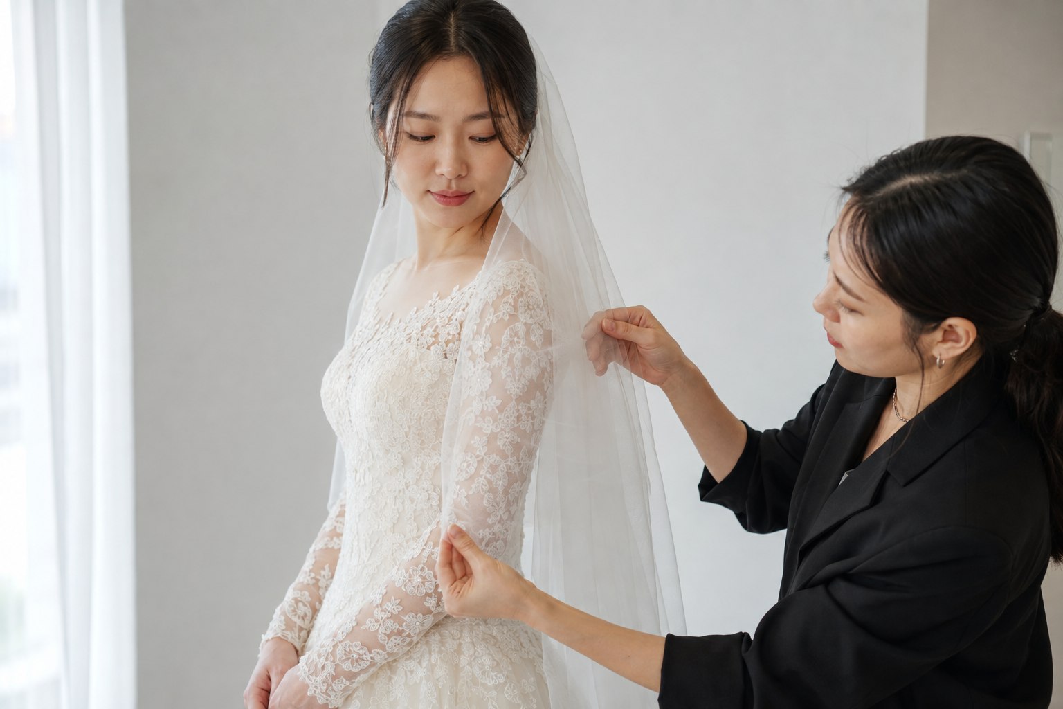 드레스 위에 얹은 베일과 레이스 소매의 조합을 살펴보는 예비신부와 스타일리스트