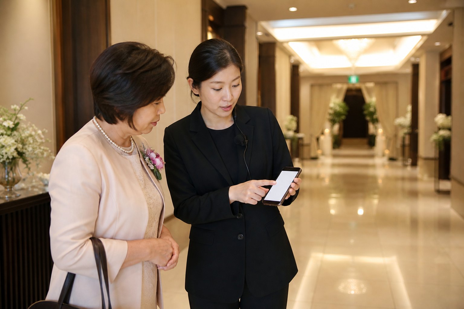 웨딩 코디네이터와 가족 대표가 당일 변경 전달 순서를 확인하는 모습