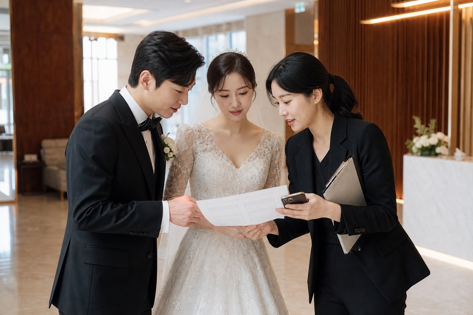 신랑신부와 웨딩 코디네이터가 당일 업체 연락표를 확인하는 모습