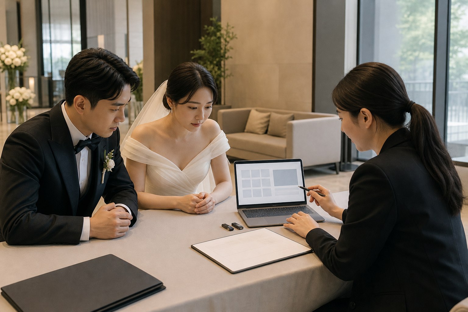 신랑신부와 웨딩 코디네이터가 본식 영상과 음원 재생 순서를 점검하는 모습