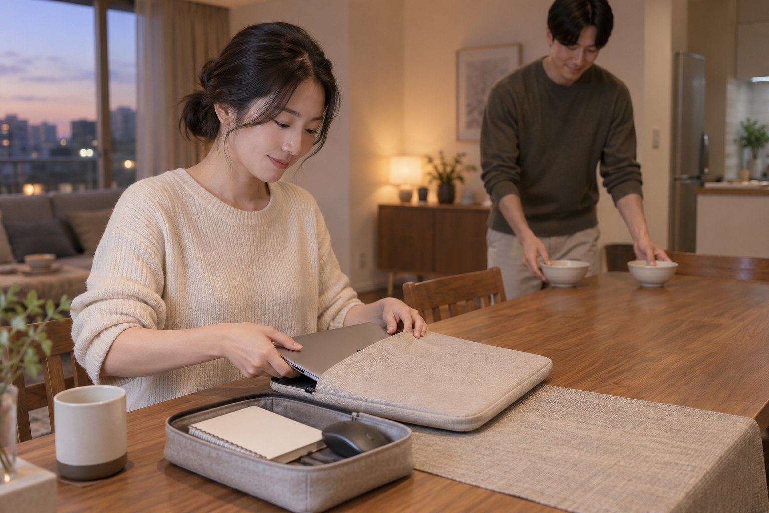 식사 전에 노트북과 업무 소품을 파우치에 정리하는 부부