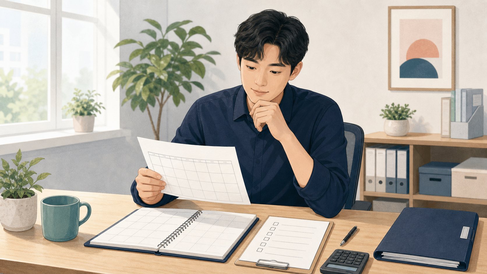 미사용 연차 일수와 체크리스트를 확인하는 직장인 일러스트