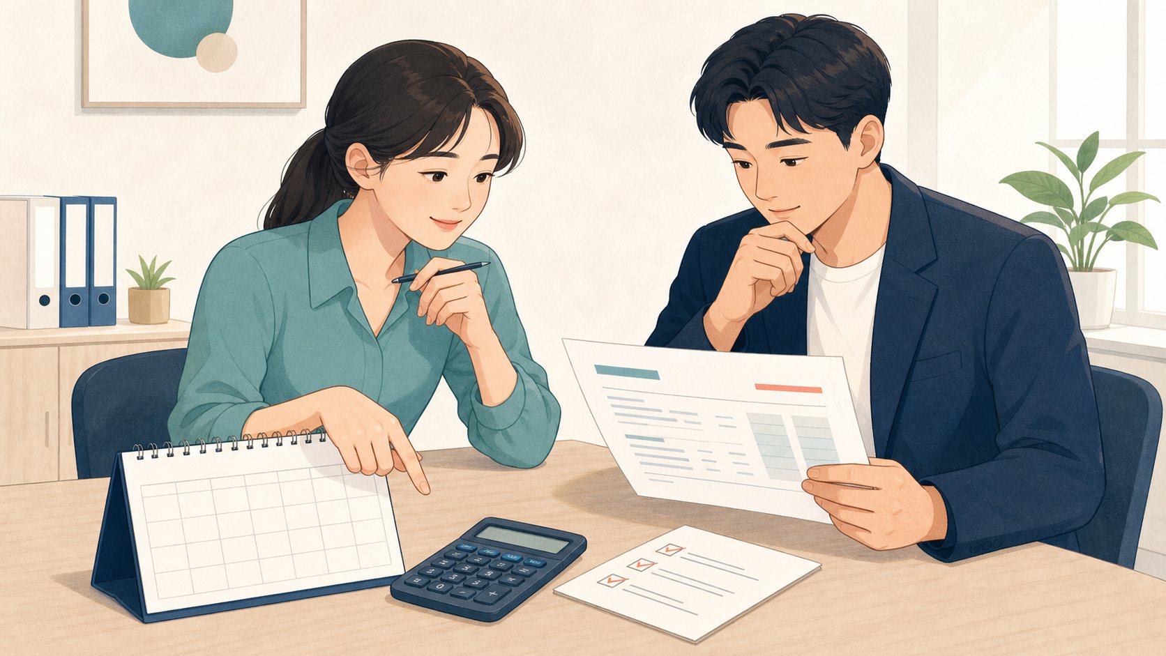 연차수당 계산 전 연차 달력과 임금 자료를 함께 점검하는 일러스트