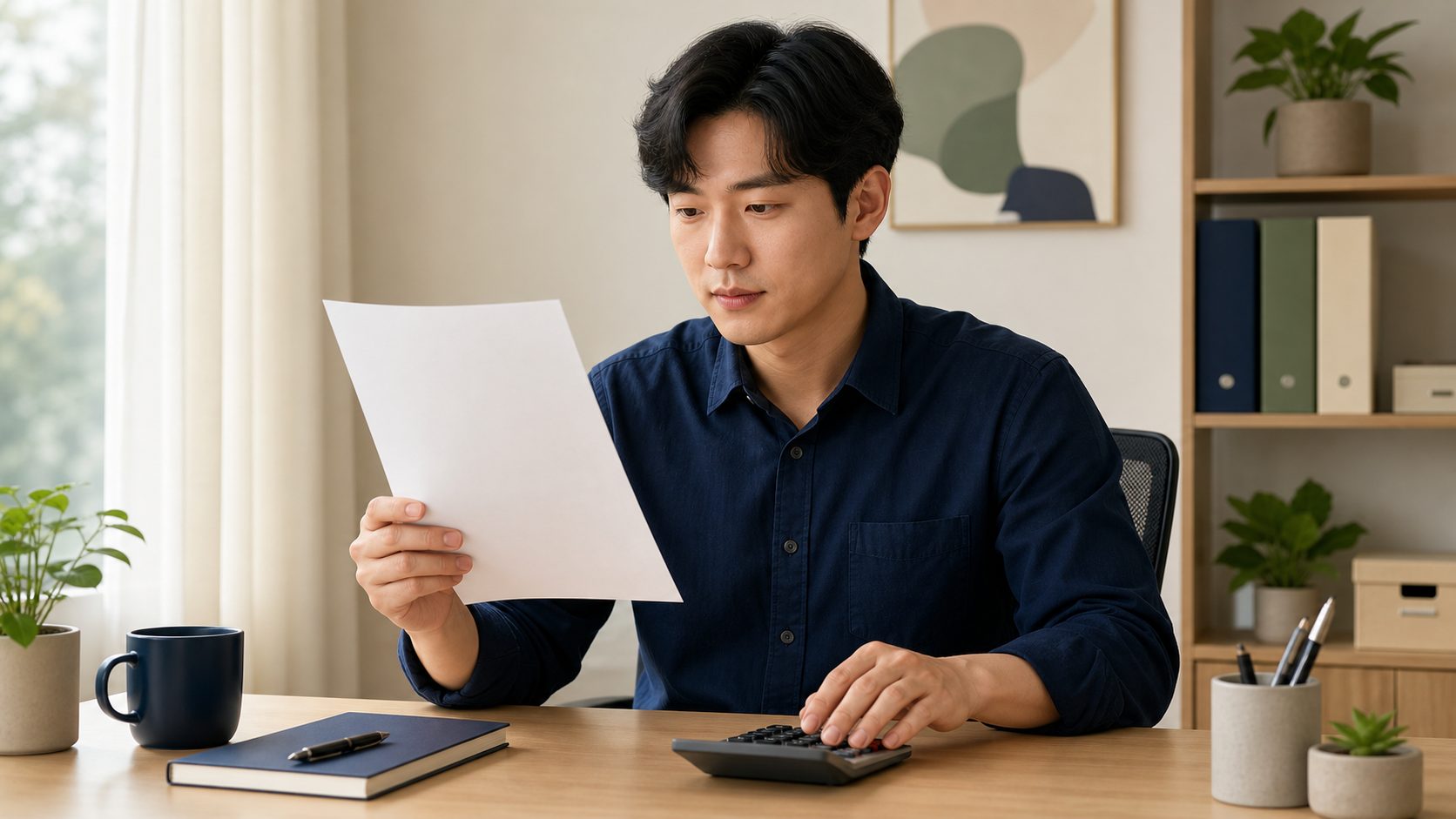 상여금 명세서와 계산기를 확인하는 직장인 일러스트