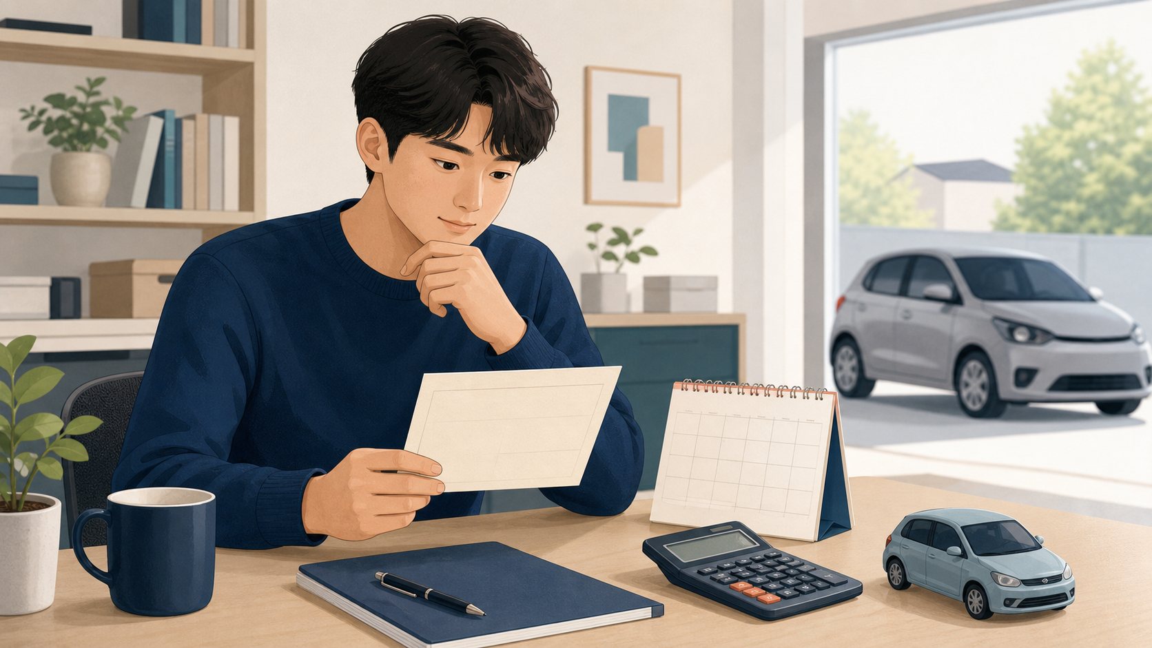 자동차세 계산 전 차량 정보와 차령을 확인하는 운전자 일러스트
