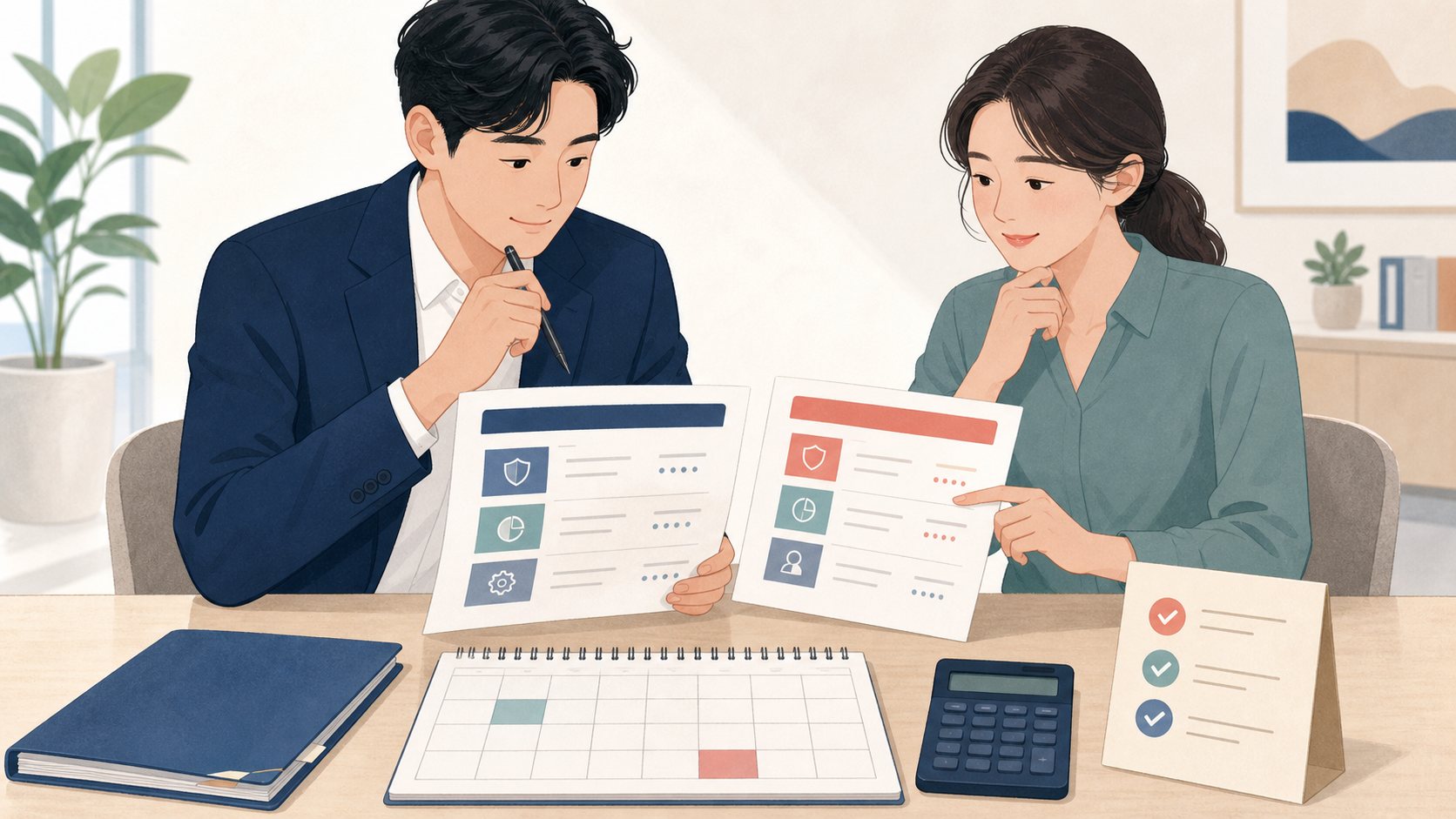 예금·적금의 상품 조건과 세전·세후 이자를 비교하는 두 사람의 일러스트