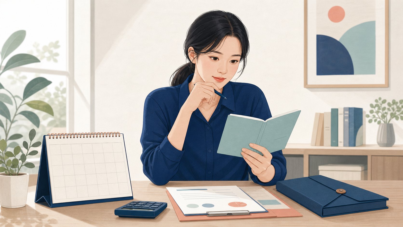 예금·적금 만기 수령액을 확인하기 위해 일정과 기록을 검토하는 직장인 일러스트