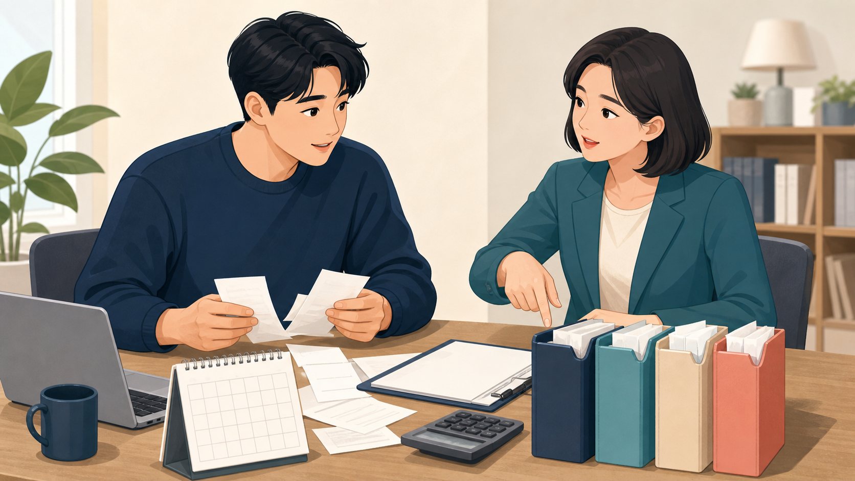 프리랜서 세금 정산 전 서류와 경비 자료를 함께 확인하는 상담 장면 일러스트