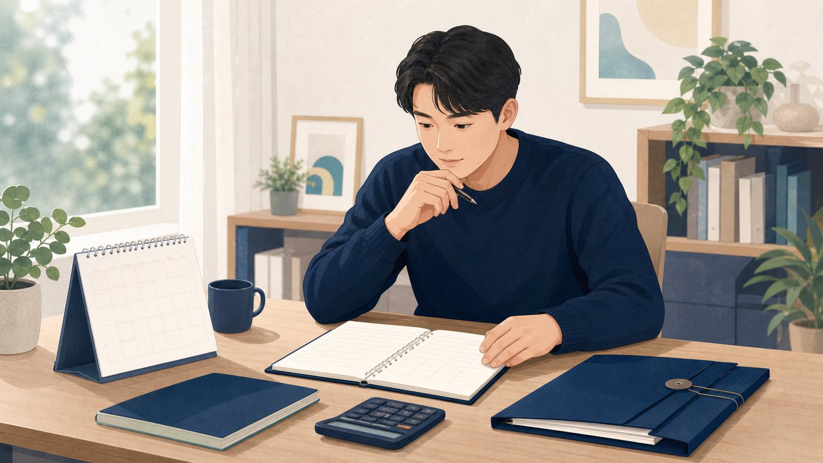 국민연금 예상수령액을 확인하기 전 달력과 기록을 점검하는 직장인 일러스트
