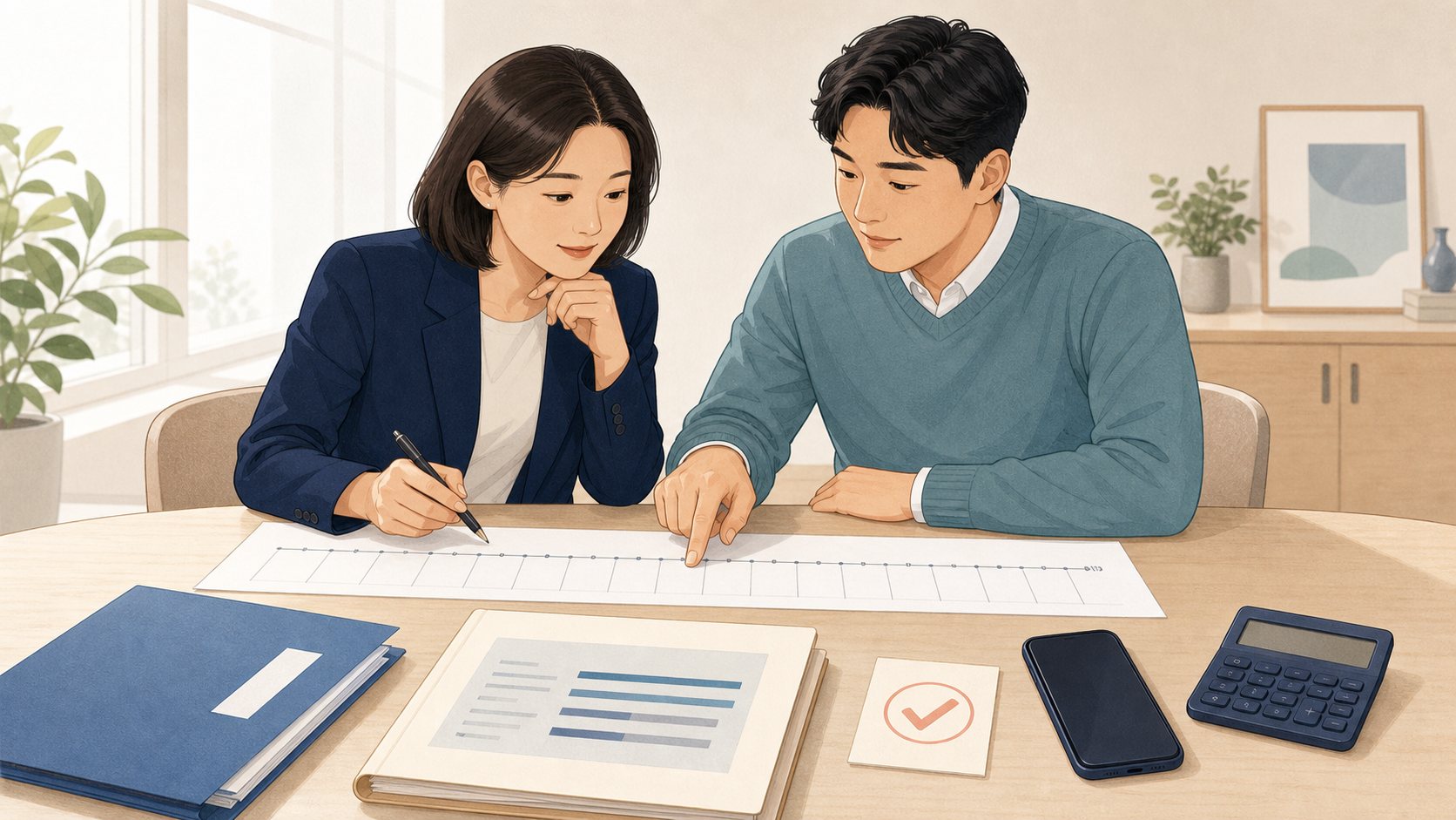 가입기간과 납부기록을 함께 대조하는 두 사람의 일러스트