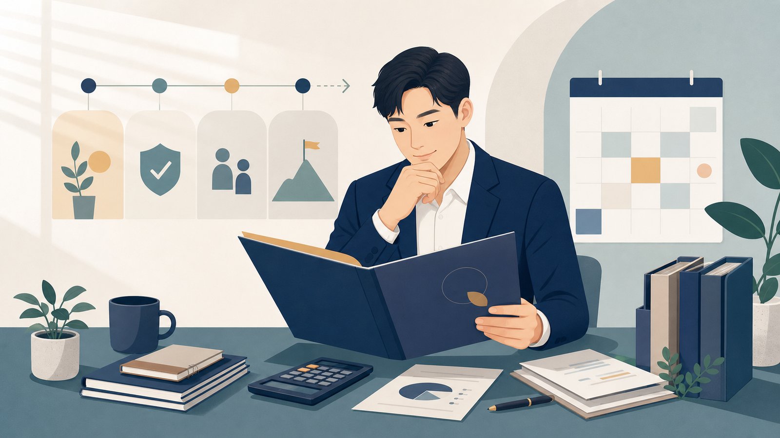 퇴직금 관련 서류와 재직기간을 확인하는 직장인 일러스트