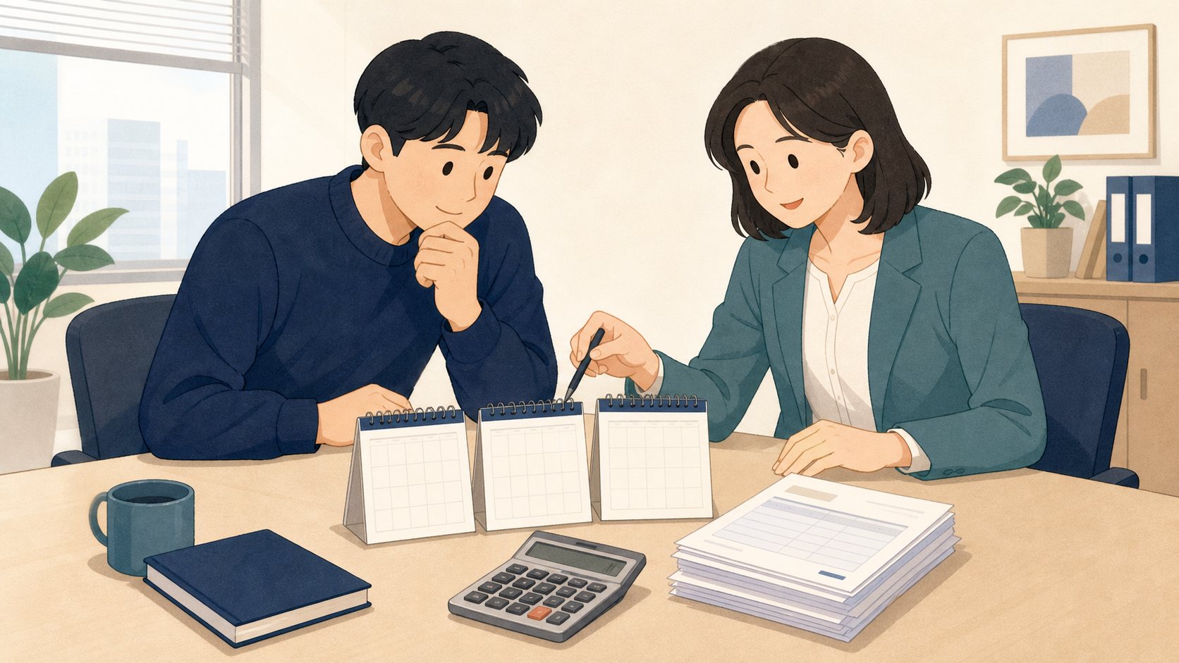 퇴직소득세 계산에 필요한 근속기간과 지급 자료를 함께 확인하는 일러스트