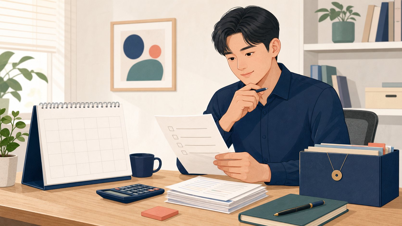 퇴직 전 달력과 서류를 확인하며 계산기를 준비하는 직장인 일러스트