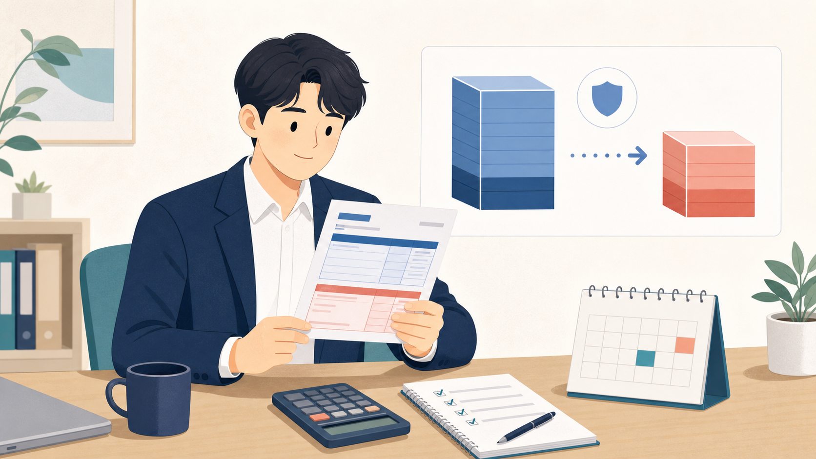 급여명세서와 공제 항목을 확인하는 직장인 일러스트