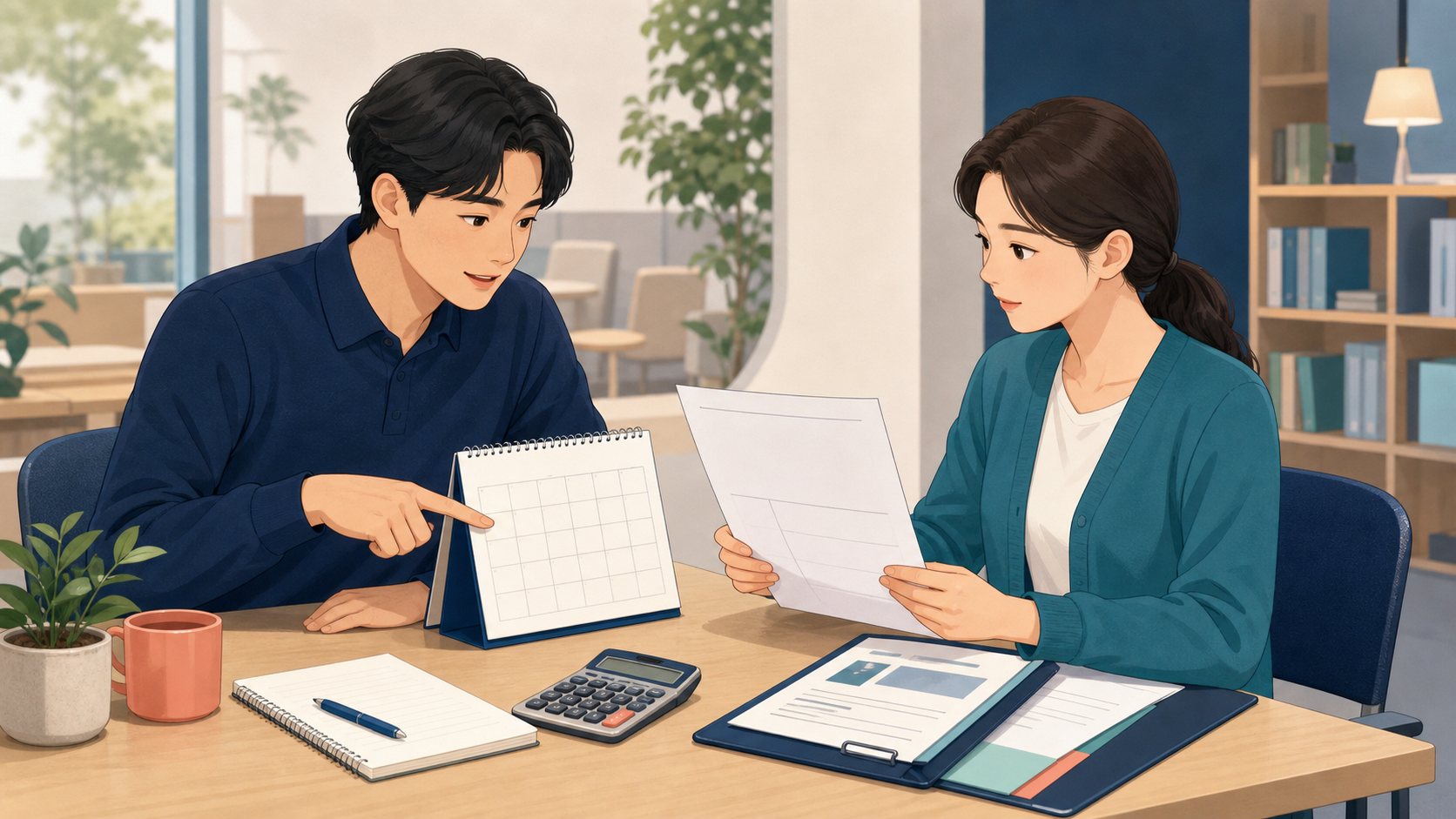 실업급여 계산에 필요한 고용 이력과 일정을 함께 확인하는 상담 장면 일러스트